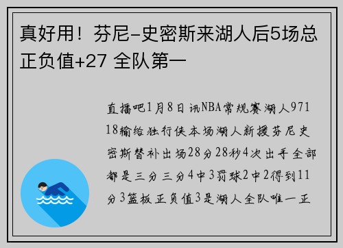 真好用！芬尼-史密斯来湖人后5场总正负值+27 全队第一