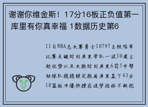 谢谢你维金斯！17分16板正负值第一 库里有你真幸福 1数据历史第6